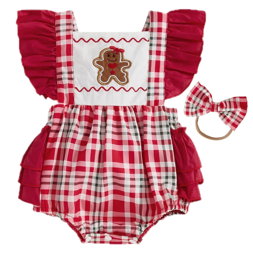 Baby girl Christmas romper with red tartan and gingerbread man