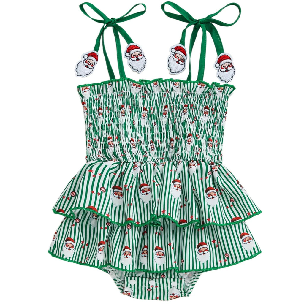 Baby girl Christmas romper with green stripes and Santa print