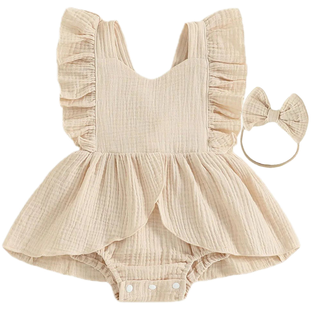 Beige baby romper with ruffled straps and matching headband on a white background