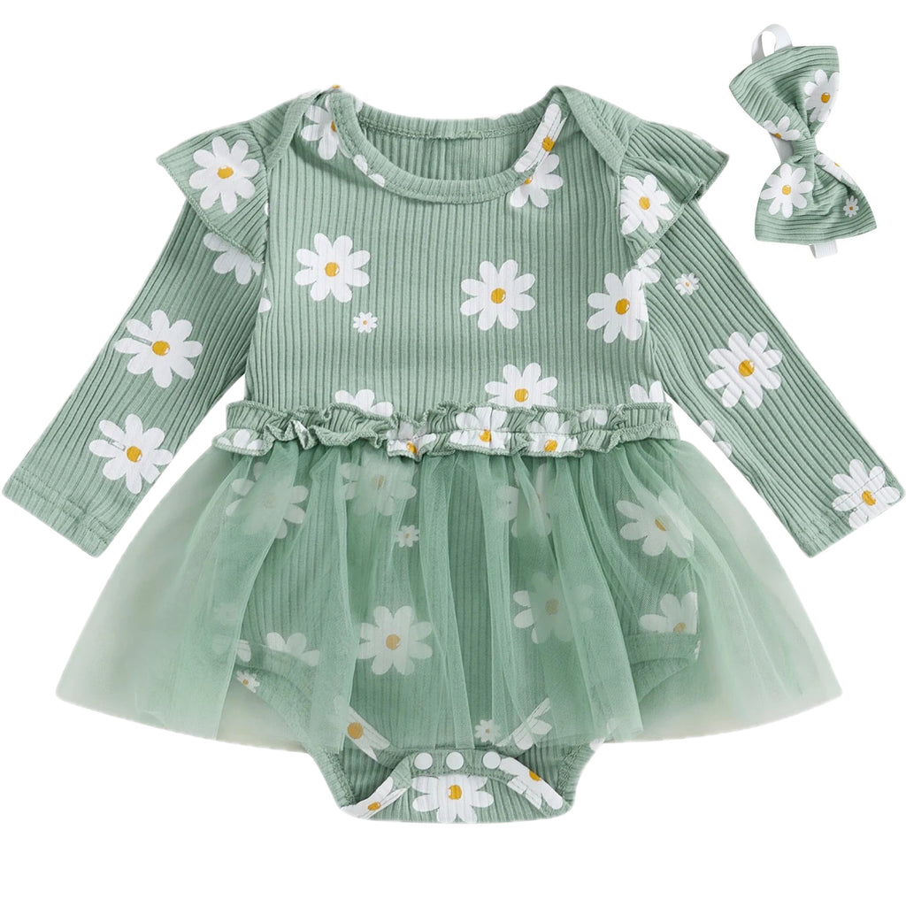 Baby girl green romper set with headband