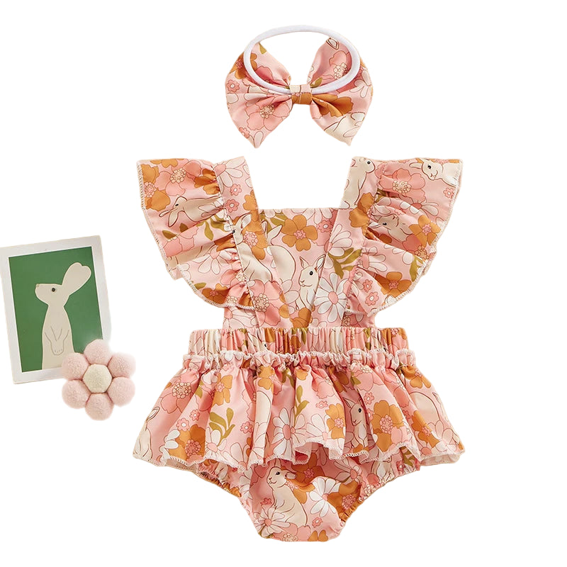Pink floral bunny baby girl romper set