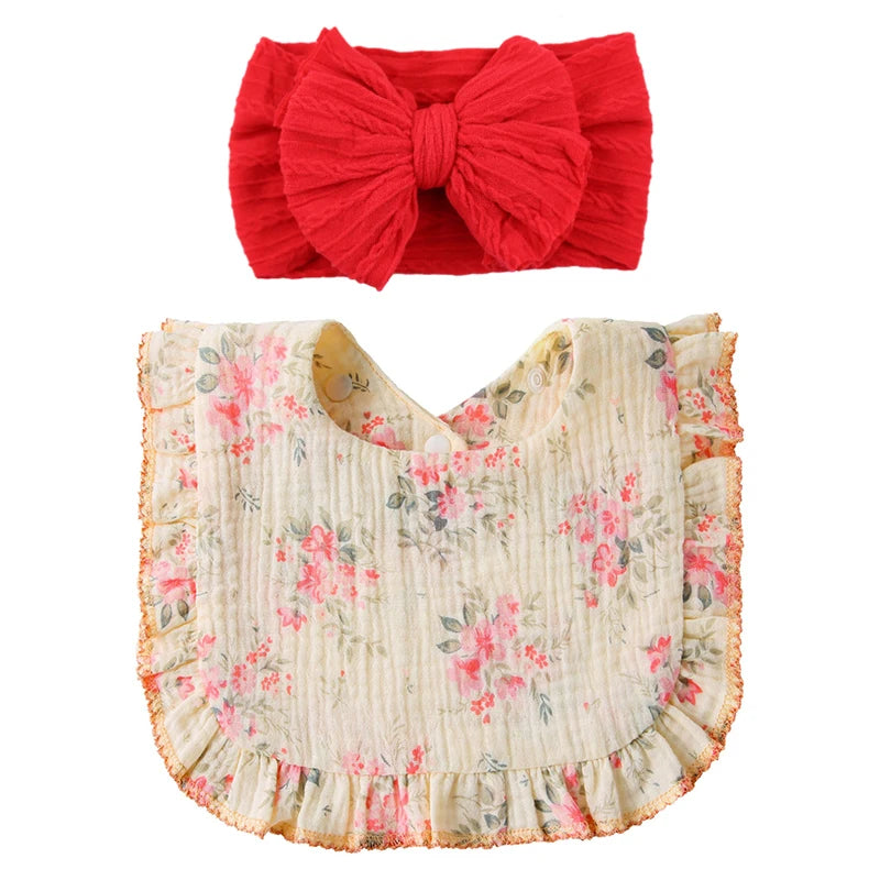 Red bow and floral bib for baby girls