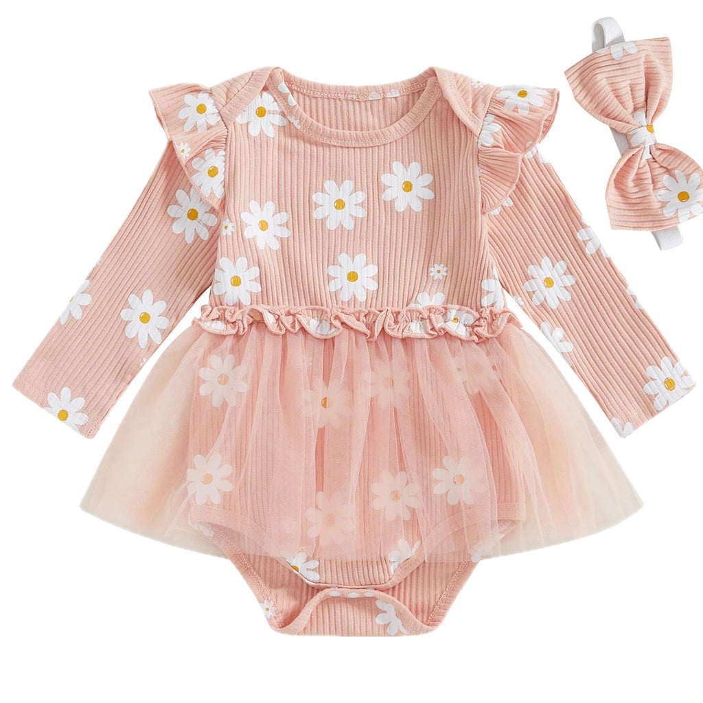 Peach baby romper with daisy print and bow