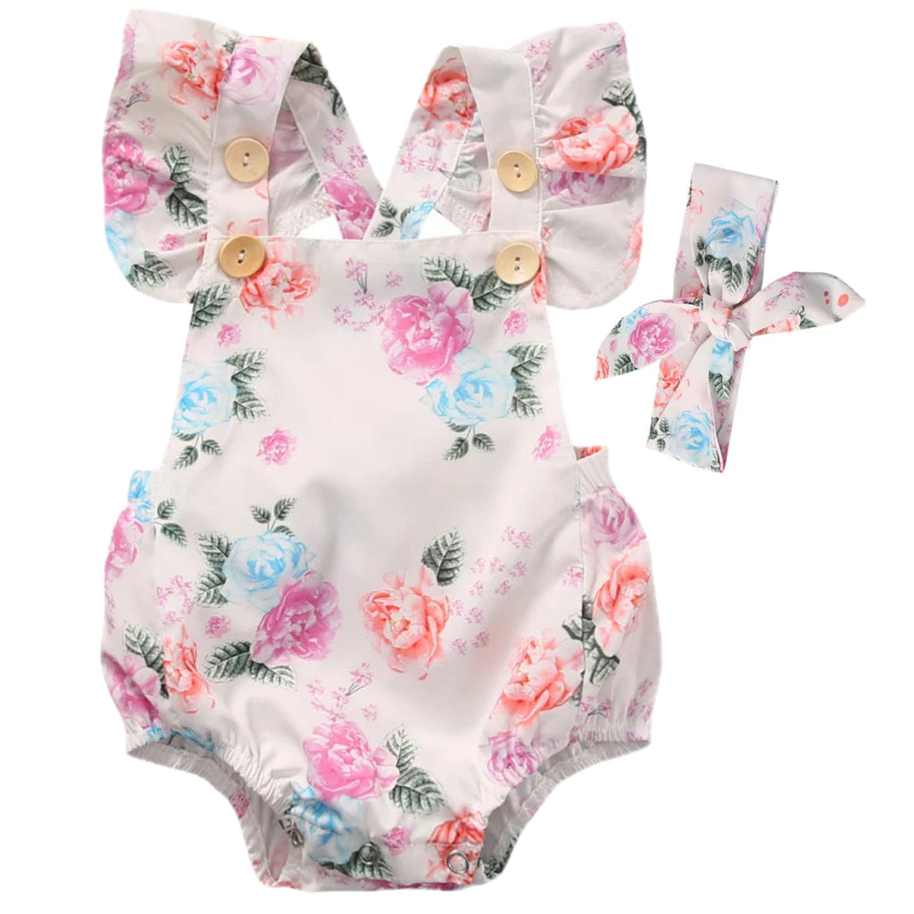 Baby girl white floral romper with flutter sleeves and matching bow headband