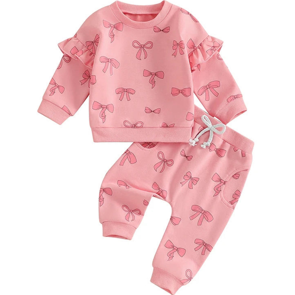 Baby girl pink ruffle tracksuit with pink bows – Little Eedie outfit