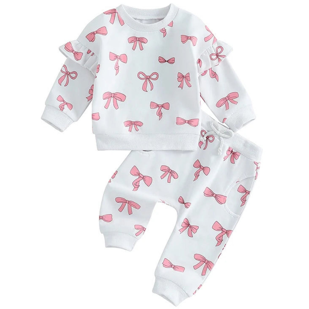  Baby girl's white tracksuit with pink bows and ruffle sleeves – Little Eedie
