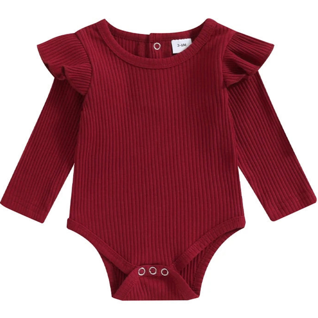 Red baby girl romper with flutter sleeves – comfortable ribbed romper for summer or layering