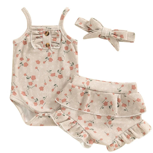 Beige floral baby girl romper set