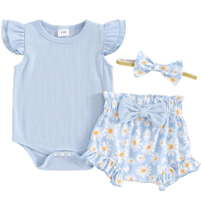 Baby girl romper set blue with daisy print