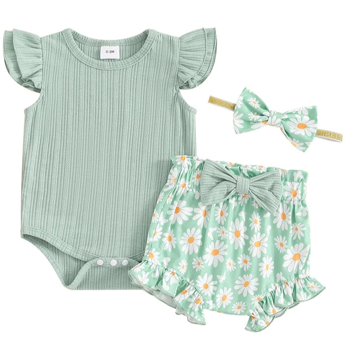 Green daisy print baby girl outfit
