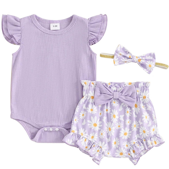 Purple baby girl romper with floral shorts