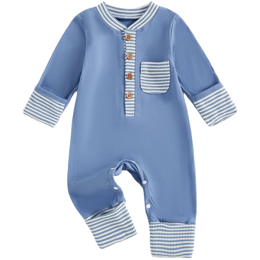 Blue Alexander romper with striped cuffs and pocket
