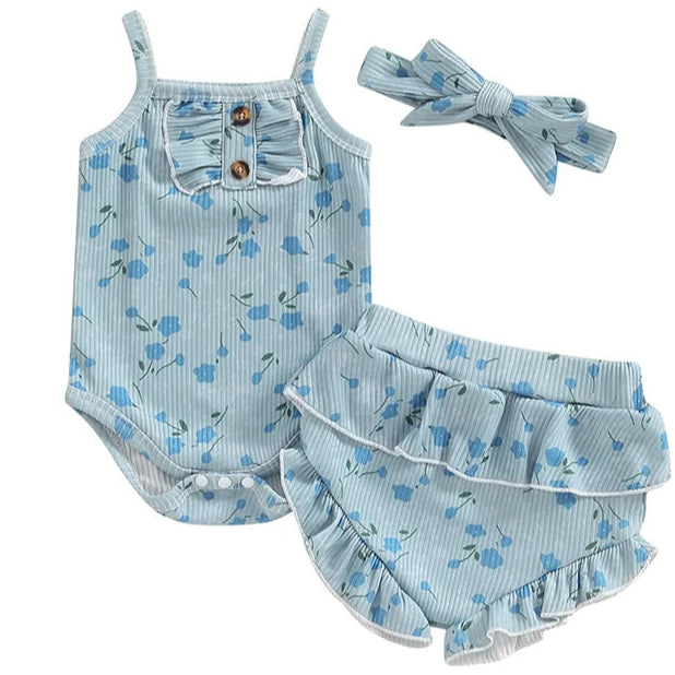 Blue floral baby girl set with headband