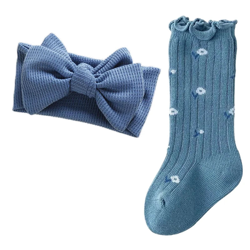 Blue baby girl gift set with floral socks and waffle topknot headband - Little Eedie