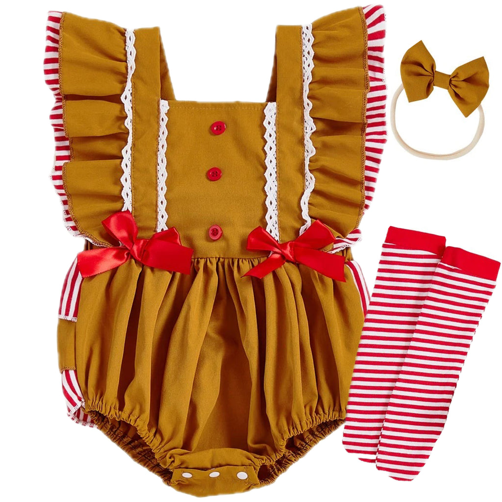 Baby Christmas romper with flutter sleeves and lace detail