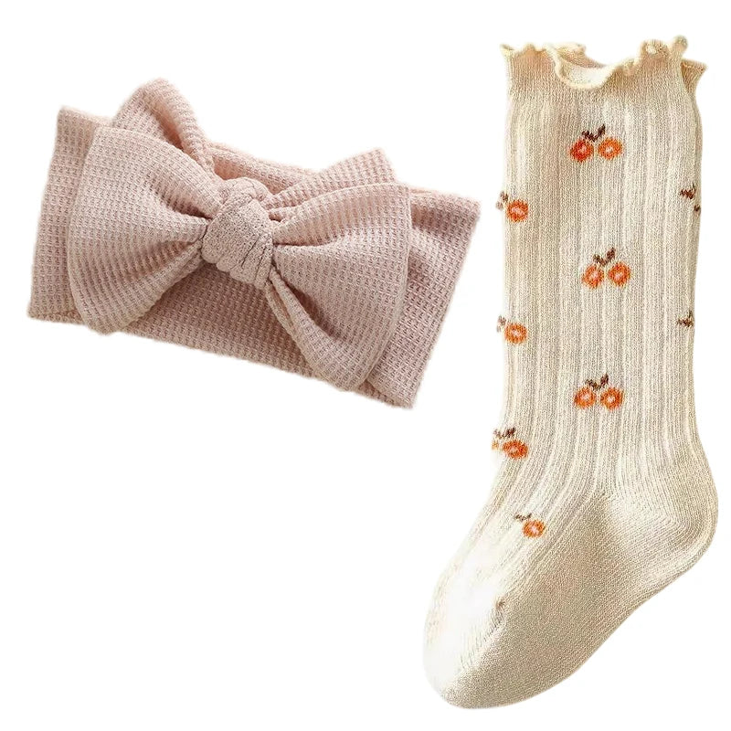 Cream Baby Girl Gift Set with Waffle Topknot and Floral Socks