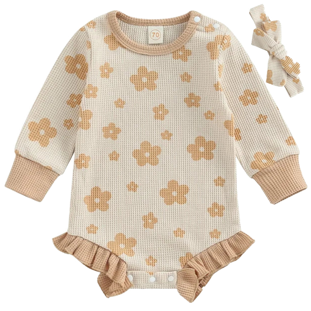 Cream baby girl romper with beige daisy floral print