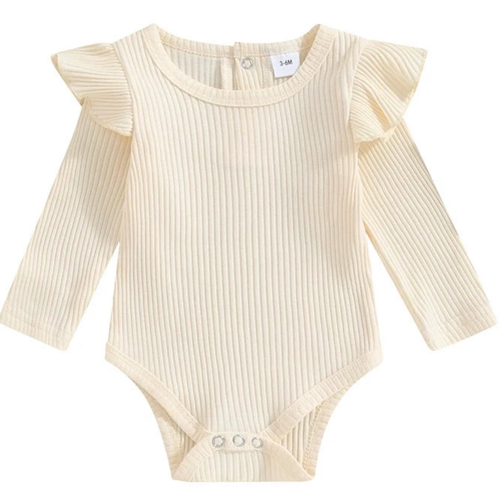 Baby girl cream ribbed romper with long flutter sleeves – soft cotton blend outfit
