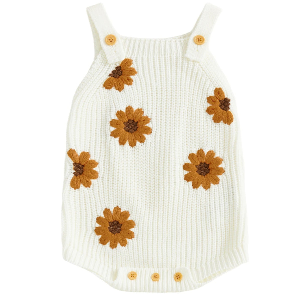 white knit baby romper with sunflower