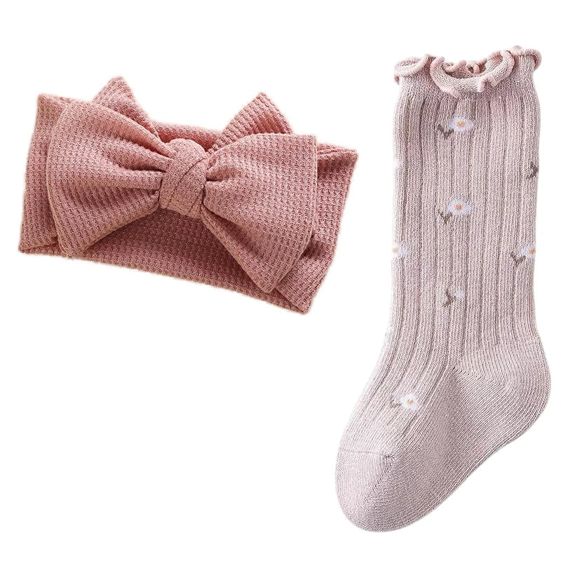Dusty Pink Baby Girl Gift Set with Floral Socks and Waffle Bow Headband