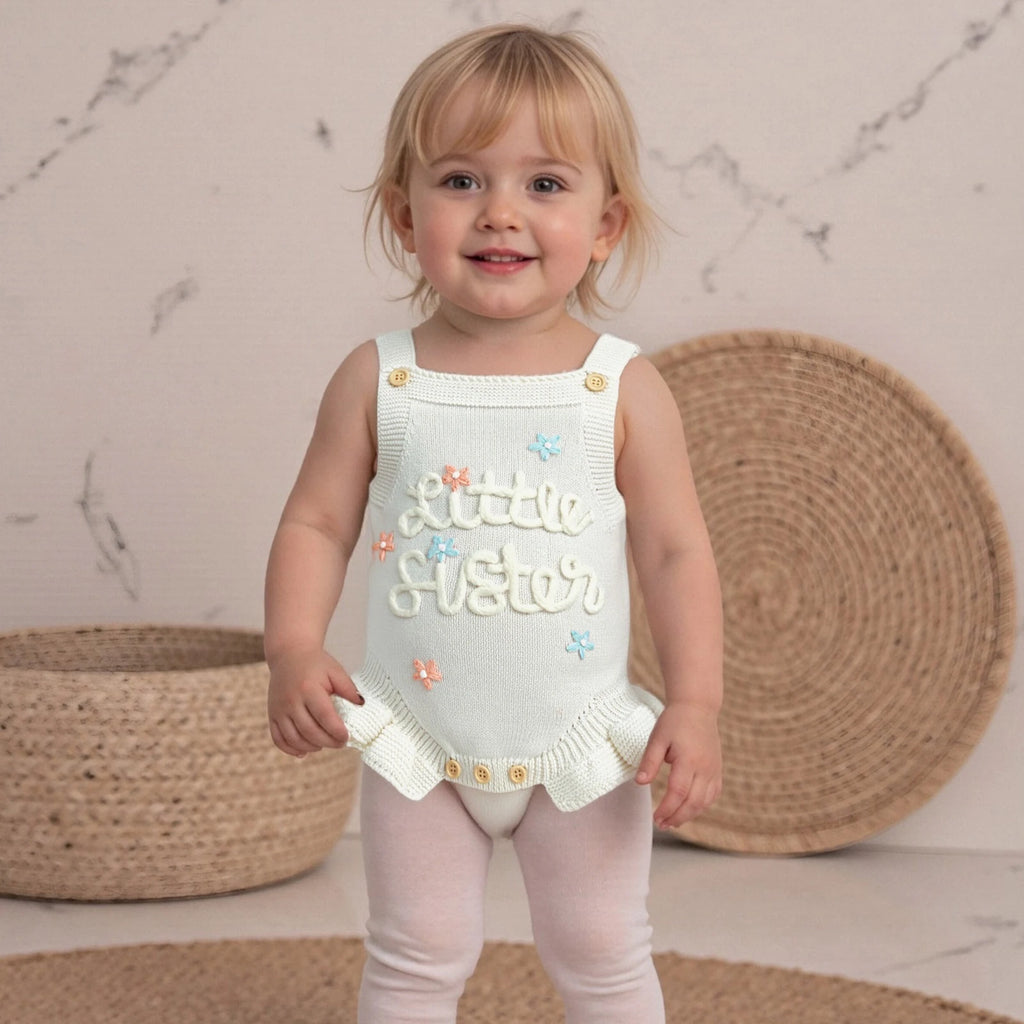 Baby girl in white “Little Sister” knit romper