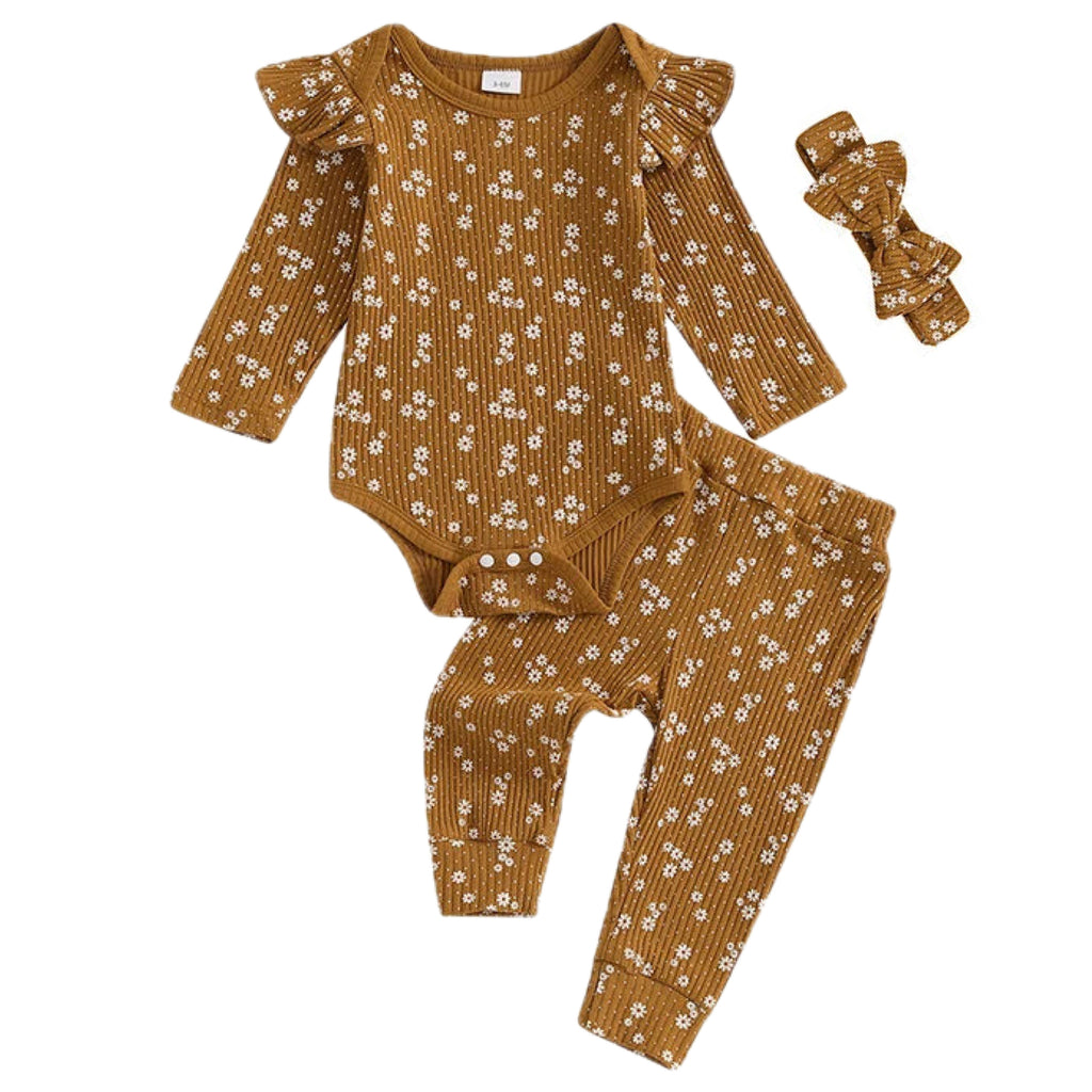 Brown floral baby romper with matching leggings and bow