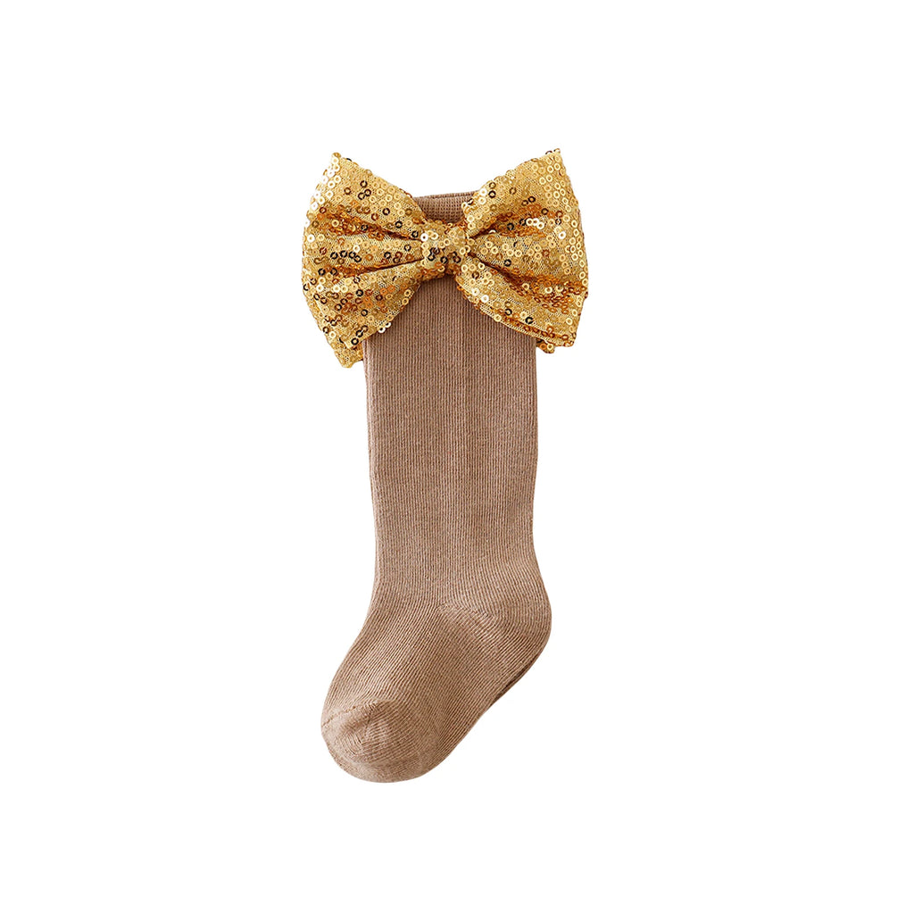 Gold glitter bow knee high socks for baby girl
