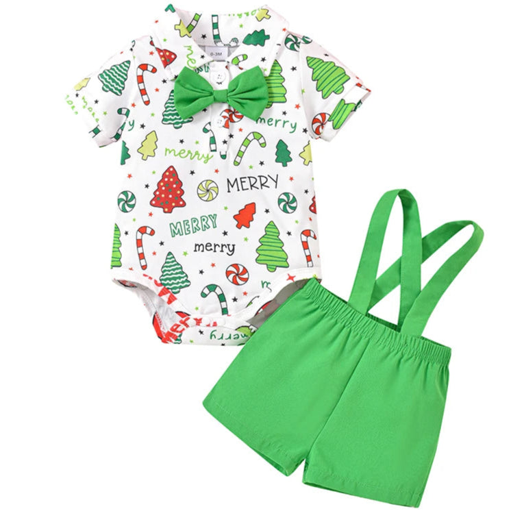 Green baby boy Christmas outfit with bowtie
