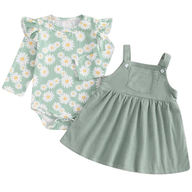 Green daisy baby girl pinafore dress