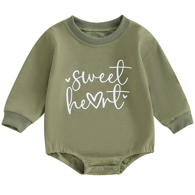 Green baby romper with sweet heart slogan