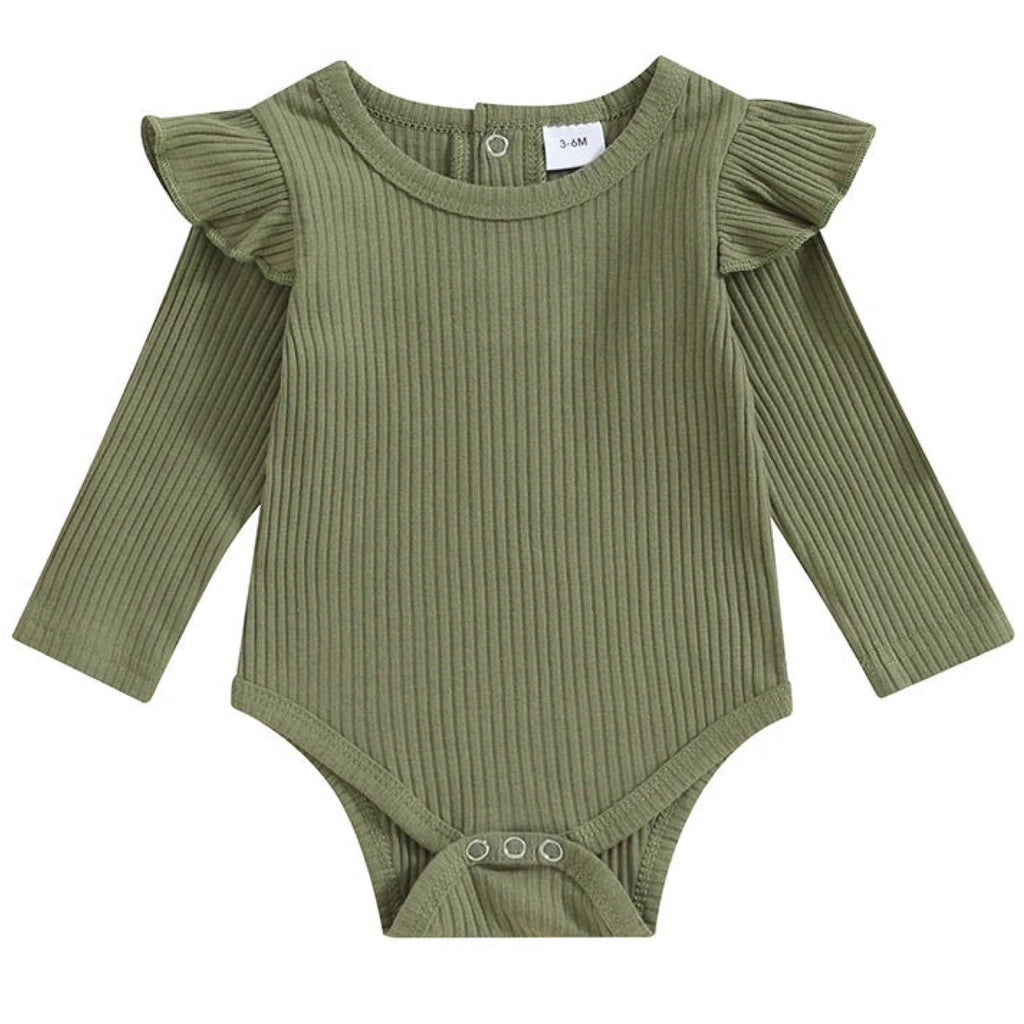 Green baby girl romper in ribbed cotton blend with flutter sleeves. Soft, stretchy and perfect for every season. Sizes 0–18M. Shop Little Eedie.