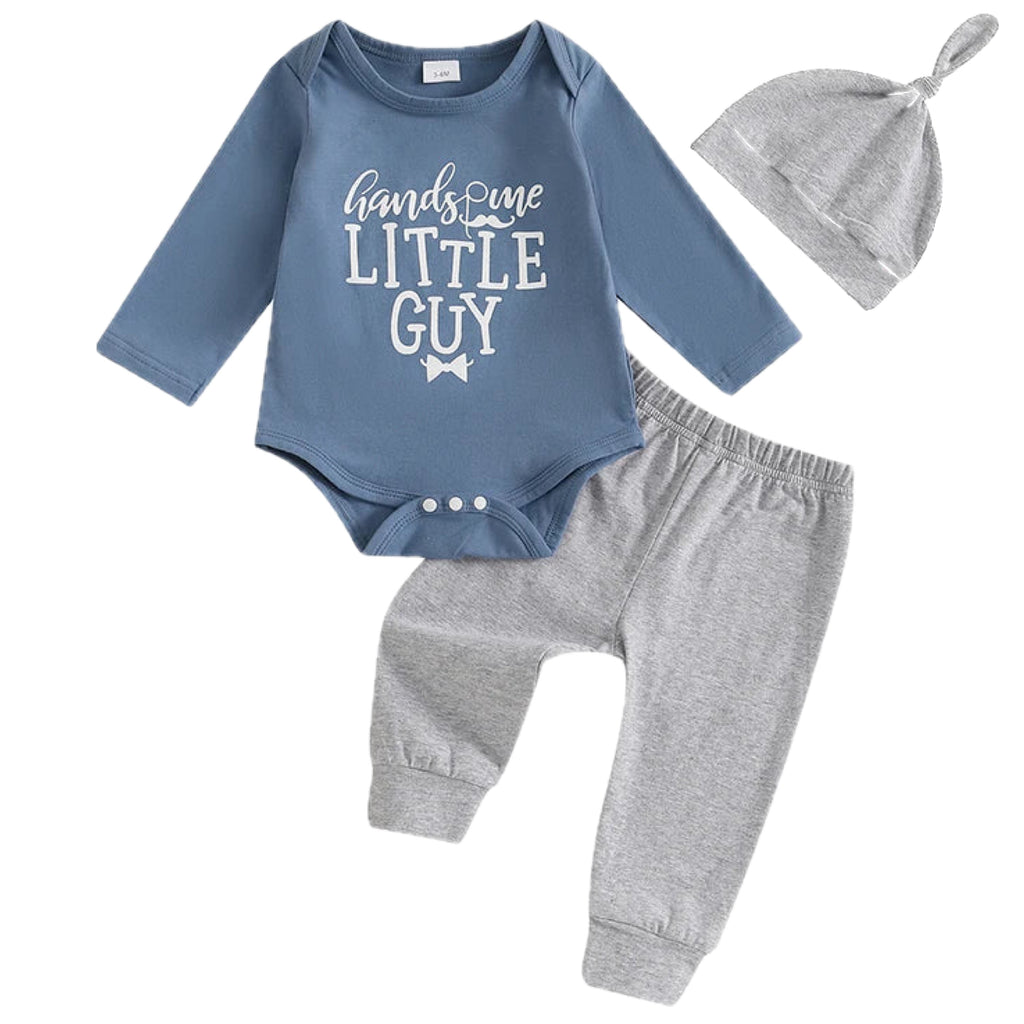 Newborn boy clothing set with “Handsome Little Guy” print