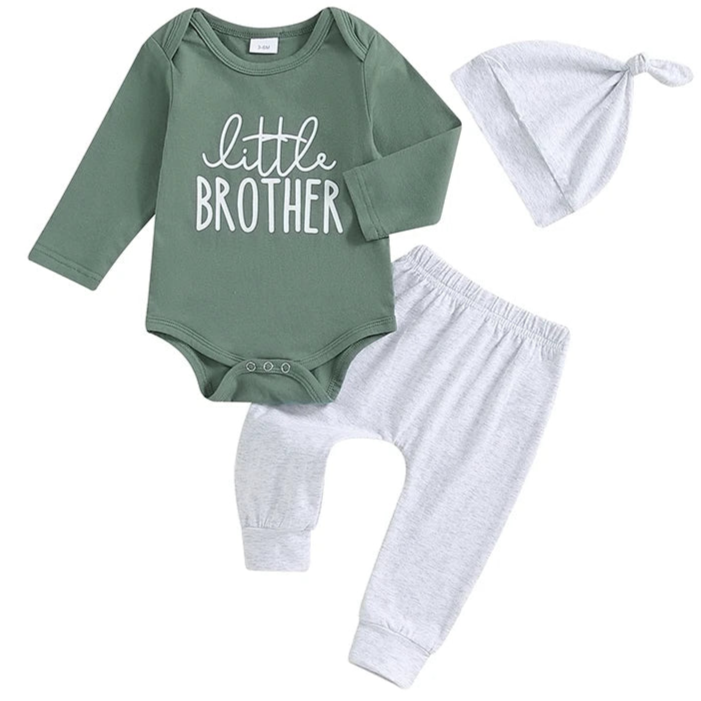 Little Brother green romper and leggings outfit for baby boys