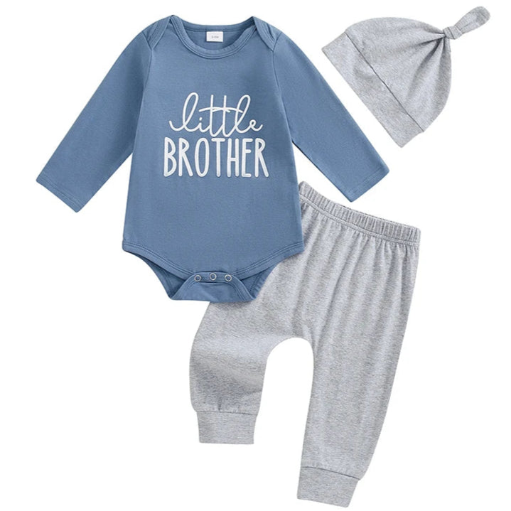 Flatlay of Little Brother 3-piece baby boy outfit set