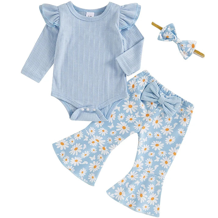 Baby girl blue flare pants set with daisy print