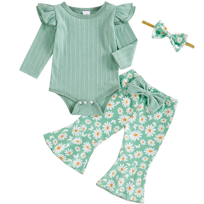 Green baby girl daisy flare set