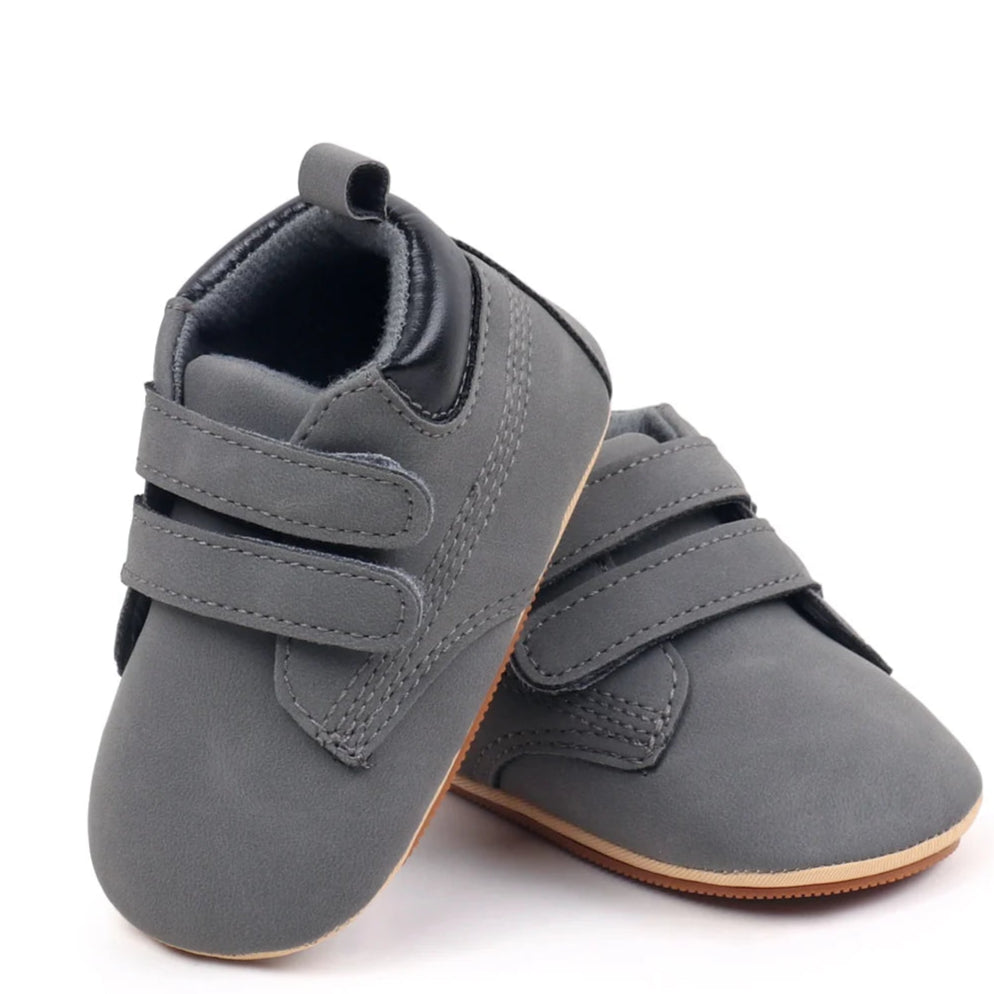 Grey high-top baby shoes with velcro straps