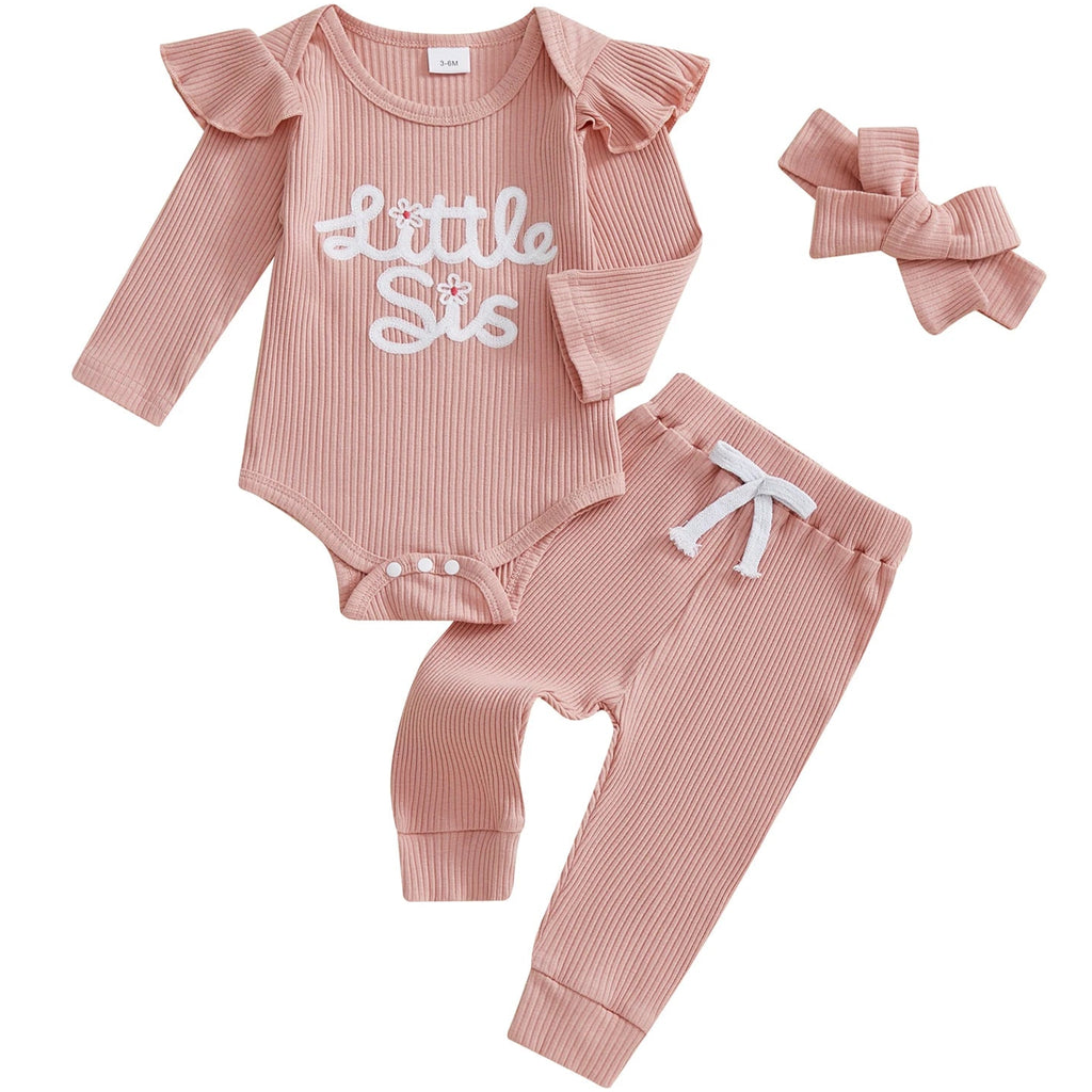 Little Sis pink baby girl romper set with leggings and bow