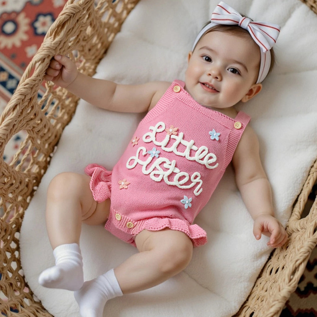 Baby wearing a Pink romper with ruffle sleeves and knit detail - little sister 
