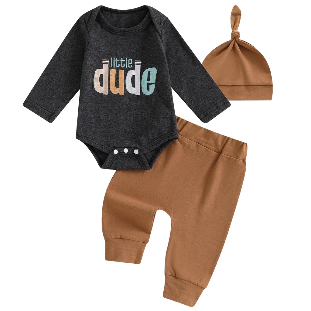 Flat lay of black and brown baby clothing set for boys – soft and modern look from Little Eedie