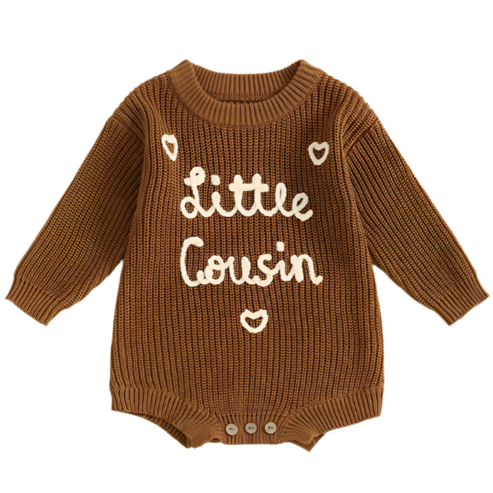 Little cousin knit baby romper in brown – front view