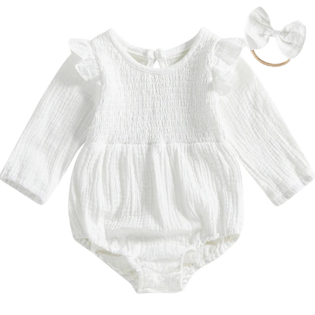 White baby romper with bow headband