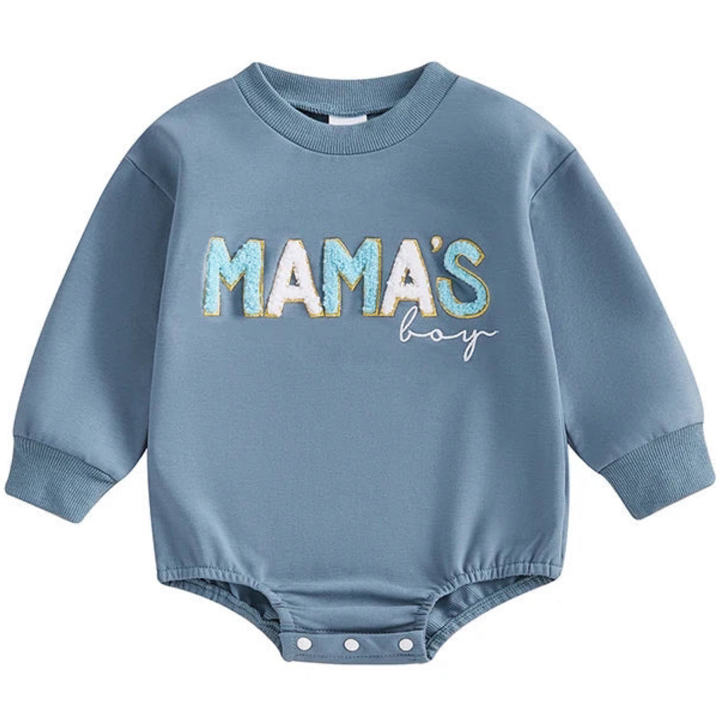Cream baby boy romper with embroidered Mama’s Boy text – soft neutral outfit – Little Eedie

