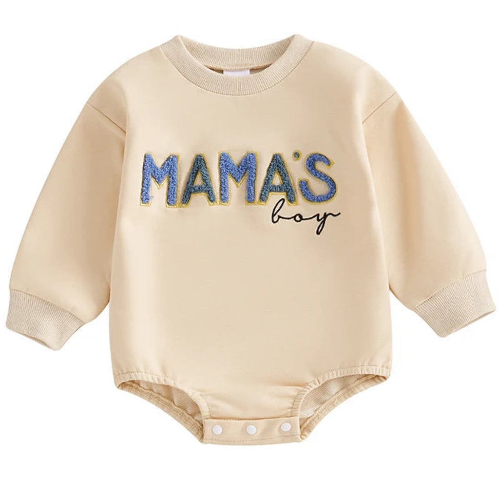 Cream baby boy romper with embroidered Mama’s Boy text – soft neutral outfit – Little Eedie

