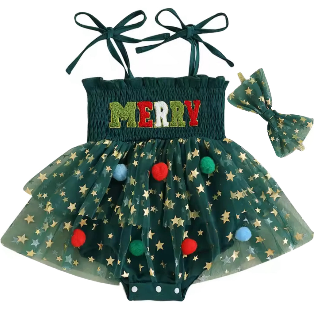 Baby girl Christmas romper with “Merry” text and gold star headband
