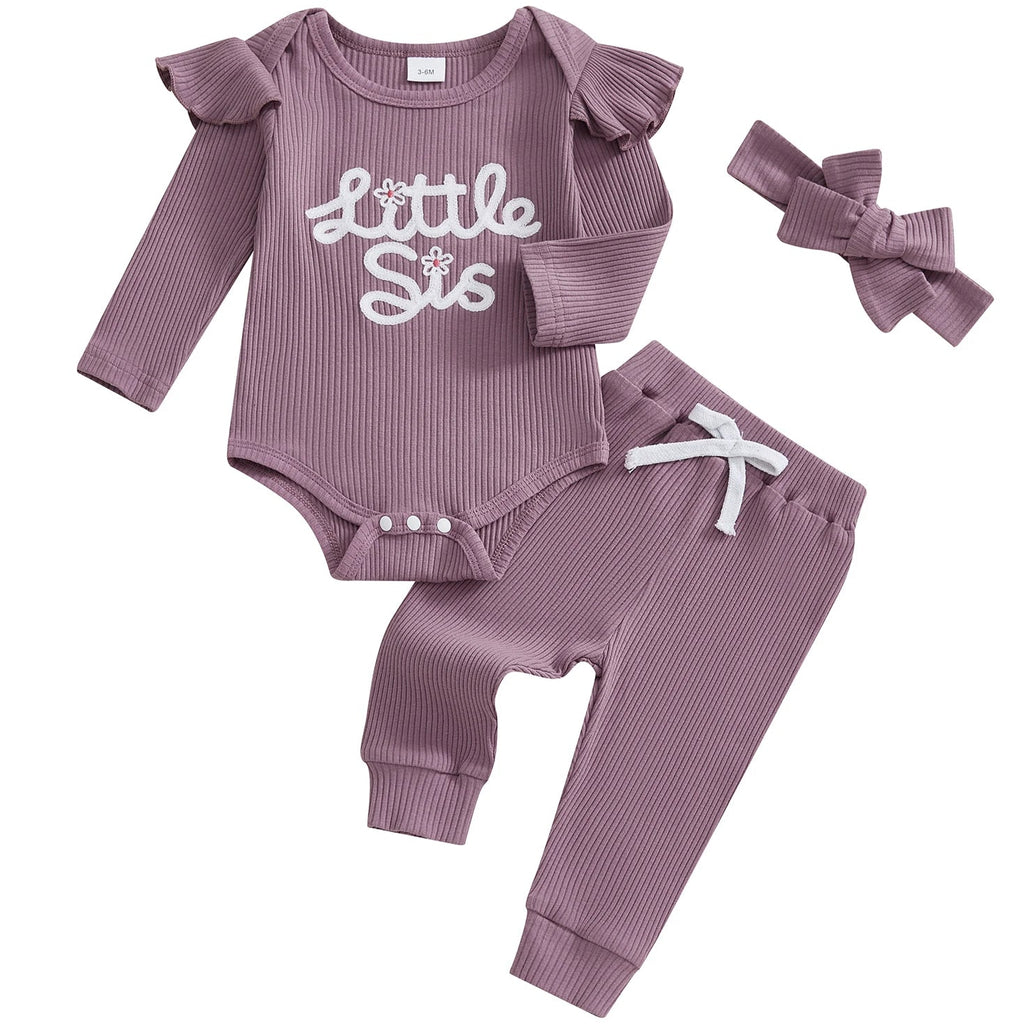 Little Sister purple baby girl romper set with matching bow