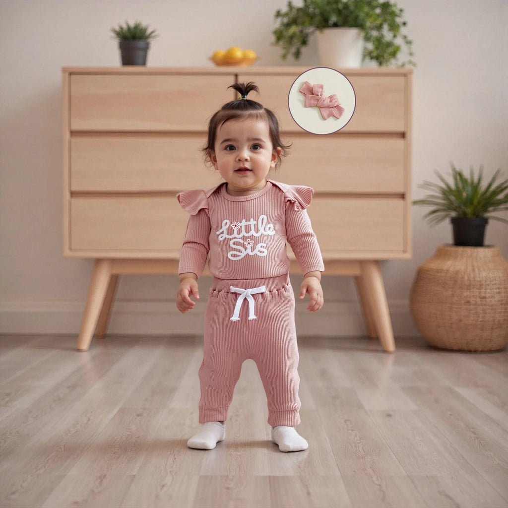 Flutter sleeve romper with “Little Sis” print
