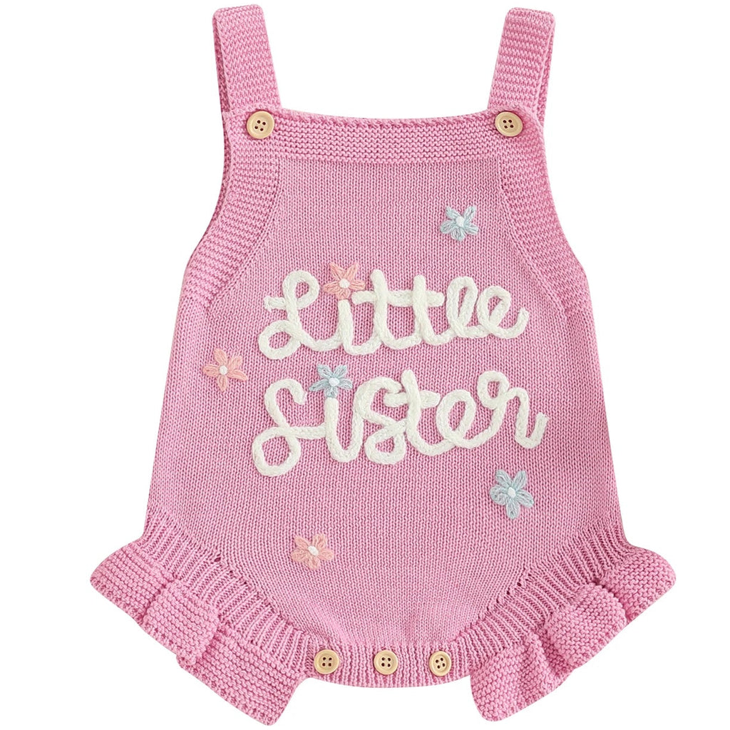 Baby girl pink knit “Little Sister” romper