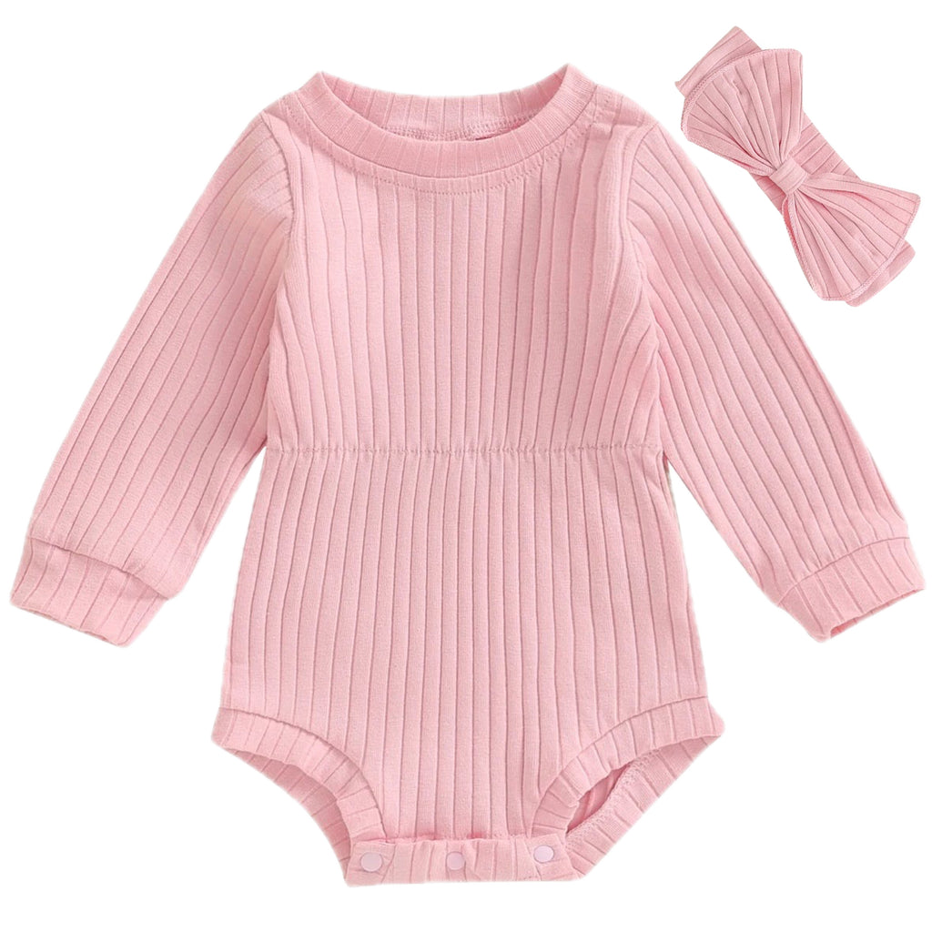 Long sleeve baby romper with matching topknot in pink