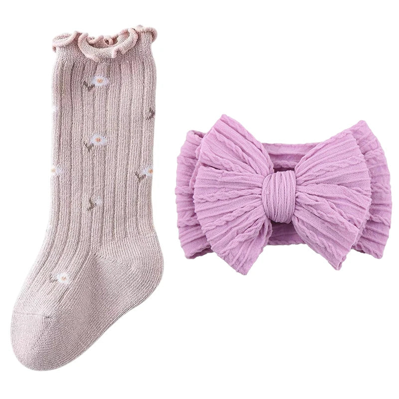 Purple baby socks and nylon bow headband gift set